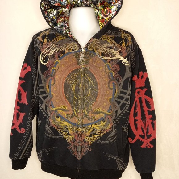 Christian Audigier Shirts Rare Christian Audigier Reversible Double Satin Full Zip Hoodie